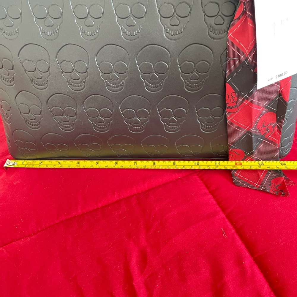 Large Betsey Johnson Charcoal Skull Embossed Bag with Red Plaid Scarf - Picture 10 of 11
